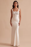 White Mermaid Square Neck Satin Sequins Appliques Long Wedding Dress with Beading