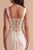 White Mermaid Square Neck Satin Sequins Appliques Long Wedding Dress with Beading
