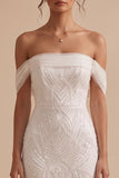 White Mermaid Off the Shoulder Beaded Tulle Long Wedding Dress