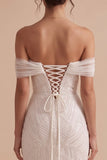 White Mermaid Off the Shoulder Beaded Tulle Long Wedding Dress