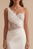 White Mermaid One Shoulder Ruched Appliques Cut Out Wedding Dress with Rhinestones