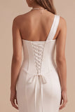 White Mermaid One Shoulder Ruched Appliques Cut Out Wedding Dress with Rhinestones