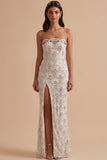 White Sheath Strapless Sequins Rhinestones Long Wedding Dress with Slit
