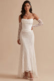 White Corset Mermaid Satin High Low Strapless Long Wedding Dress with Lace