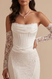 White Corset Mermaid Satin High Low Strapless Long Wedding Dress with Lace