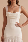 White Mermaid Cowl Tiered Ruffled Tulle Sequins Maxi Wedding Dress with 3D Flower