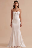 White Corset Mermaid Satin Strapless Long Wedding Dress with 3D Flower