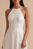 White A-Line Halter Chiffon Lace Cut Out Long Wedding Dress