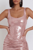 Pink Corset Metallic Bodycon Scoop Neck Ruched Short Cocktail Dress with Draping