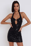 Black Sequins Bodycon Halter Short Cocktail Dress with Keyhole
