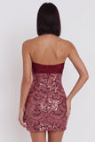 Burgundy Sequins Bodycon Strapless Cut Out Short Cocktail Dress