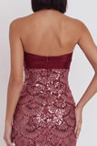 Burgundy Sequins Bodycon Strapless Cut Out Short Cocktail Dress