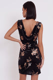 Black Velvet Bodycon Printed Cowl Neck Ruched Short Cocktail Dress