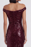 Sparkly Burgundy Sheath Off the Shoulder Sequins Midi Cocktail Dress