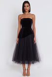Black A-Line Strapless Velvet Tulle Midi Cocktail Dress