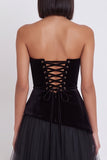 Black A-Line Strapless Velvet Tulle Midi Cocktail Dress