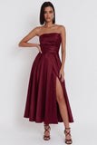 Black Strapless A-Line Ruched Midi Cocktail Dress with Slit