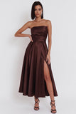 Black Strapless A-Line Ruched Midi Cocktail Dress with Slit