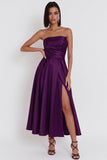 Black Strapless A-Line Ruched Midi Cocktail Dress with Slit