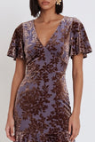 Plum Velvet Sheath V-Neck Tiered Ruffled Flutter Sleeves Midi Cocktail Dress