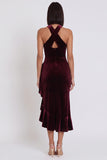 Burgundy Velvet High Low Halter Mermaid Ruched Midi Cocktail Dress with Ruffled Slit
