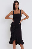 Black Mermaid Square Neck Ruched High Low Midi Cocktail Dress with Asymmetrical Ruffles