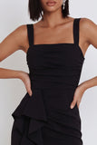Black Mermaid Square Neck Ruched High Low Midi Cocktail Dress with Asymmetrical Ruffles