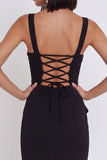Black Mermaid Square Neck Ruched High Low Midi Cocktail Dress with Asymmetrical Ruffles