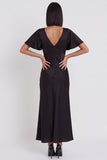 Black Satin Mermaid V-Neck Flutter Sleeves Midi Cocktail Dress