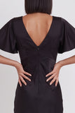 Black Satin Mermaid V-Neck Flutter Sleeves Midi Cocktail Dress
