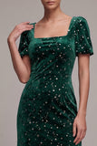 Dark Green Mermaid Square Neck Tulle Ruffled Short Sleeves Midi Velvet Dress
