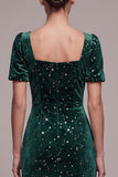 Dark Green Mermaid Square Neck Tulle Ruffled Short Sleeves Midi Velvet Dress