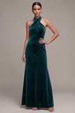 Peacock Sheath Halter Maxi Velvet Dress