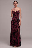 Burgundy Sheath Spaghetti Straps Floral Long Velvet Dress with Slit