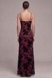 Burgundy Sheath Spaghetti Straps Floral Long Velvet Dress with Slit
