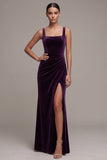 Plum Sheath Square Neck Ruched Long Velvet Dress with Slit