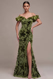 Olive Puff Off the Shoulder Mermaid Maxi Velvet Dress with Slit