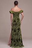 Olive Puff Off the Shoulder Mermaid Maxi Velvet Dress with Slit