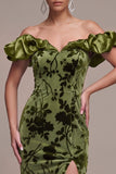 Olive Puff Off the Shoulder Mermaid Maxi Velvet Dress with Slit