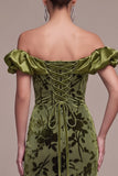 Olive Puff Off the Shoulder Mermaid Maxi Velvet Dress with Slit