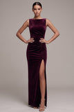 Cabernet Sheath Bateau Neck Ruched Long Velvet Dress with Slit