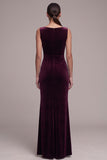 Cabernet Sheath Bateau Neck Ruched Long Velvet Dress with Slit