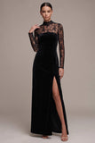 Black Sheath High Neck Lace Long Sleeves Maxi Velvet Dress with Slit