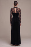 Black Sheath High Neck Lace Long Sleeves Maxi Velvet Dress with Slit