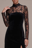 Black Sheath High Neck Lace Long Sleeves Maxi Velvet Dress with Slit