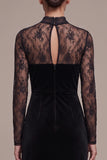 Black Sheath High Neck Lace Long Sleeves Maxi Velvet Dress with Slit