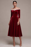 Burgundy A-Line Off the Shoulder Ruffled 3/4 Sleeves Midi Velvet Dress with Covered Button