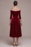 Burgundy A-Line Off the Shoulder Ruffled 3/4 Sleeves Midi Velvet Dress with Covered Button