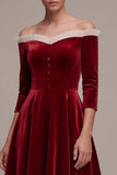 Burgundy A-Line Off the Shoulder Ruffled 3/4 Sleeves Midi Velvet Dress with Covered Button