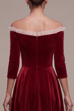 Burgundy A-Line Off the Shoulder Ruffled 3/4 Sleeves Midi Velvet Dress with Covered Button